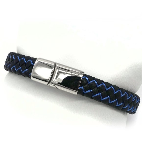 Bracelet Black Blue Leather Mens Magnetic Sliding Clasp. - Picture 3 of 3